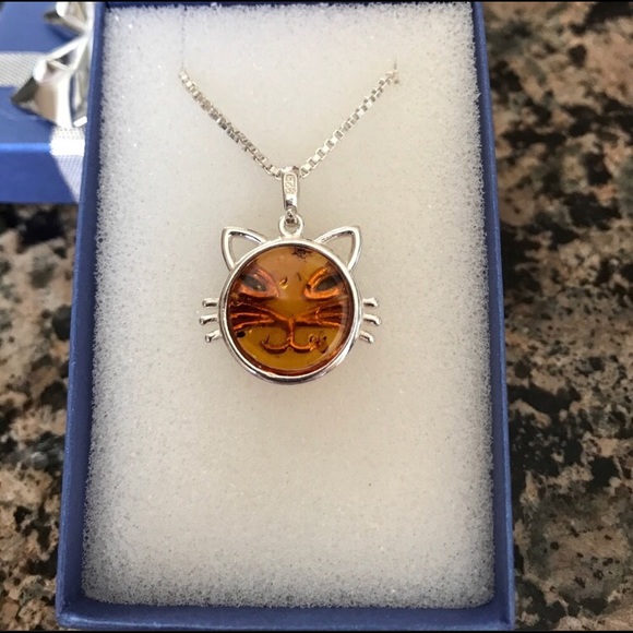 STERLING SILVER GENUINE BALTIC AMBER CAT NIB - Picture 3 of 6